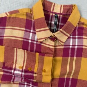 Kuhl Womens Flannel Shirt Medium Plaid‎ Long Sleeve Button Down Yellow Pink